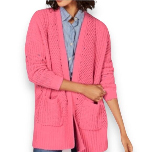 NEW Pink Chunky Front Open Pockets Mid-Length Cardigan Sweater - Picture 1 of 3